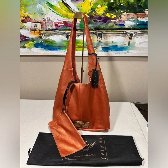 Sharif Legacy Pearlized Slouchy Orange Leather Hobo Bag 3 piece. NWT!!!